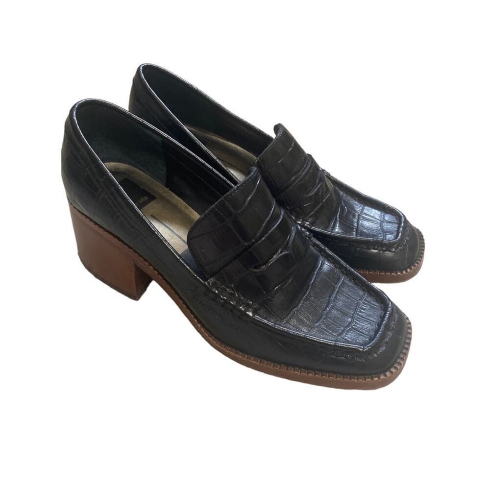 Dolce Vita Black Croc Embossed Platform Loafers Chunky Heel Size 7.5